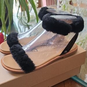 UGG Black Faux-Fur Slide Sandals with Tan Footbed